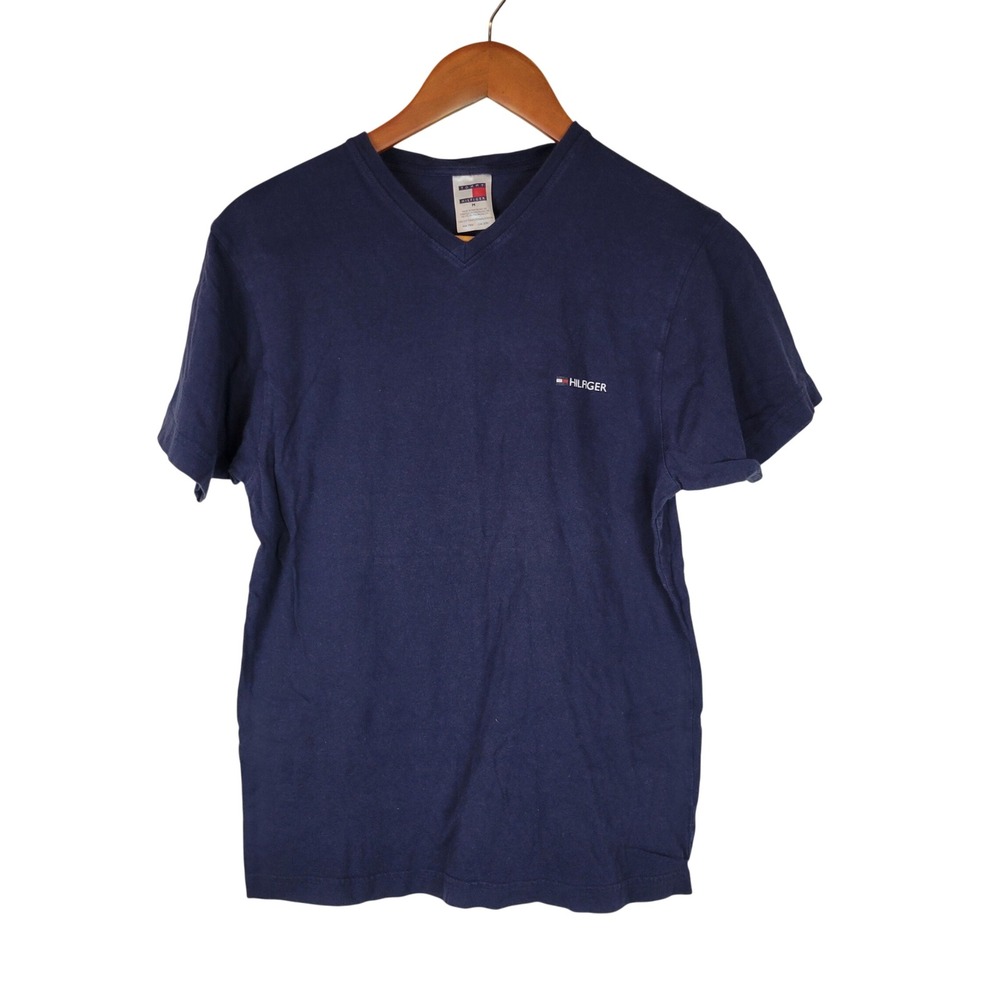 Vintage Tommy Hilfiger 100% Cotton V-neck Tee Shirt Navy Blue Size Medium 90s
